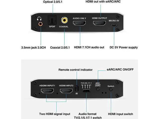 Alt view image 7 of 7 - 2 in 1 Out HDMI 2.0b Audio Extractor Switch 4K@60Hz with Remote, eARC ARC HDMI Audio Converter, 7.1CH Dolby Atmos, Optical SPDIF, Coaxial & 3.5mm Audio Output, HDCP 2.3 Compliant