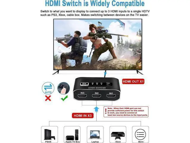 Alt view image 2 of 7 - 3 in 1 Out 8K HDMI Switcher with 3.9FT Built-In HDMI Cable, 3 Port HDMI Hub Splitter Supports 8K@60Hz, HDR10, 3D, HDCP2.3 for PS5/PS4/Xbox/Fire Stick/Roku/Apple TV/PC