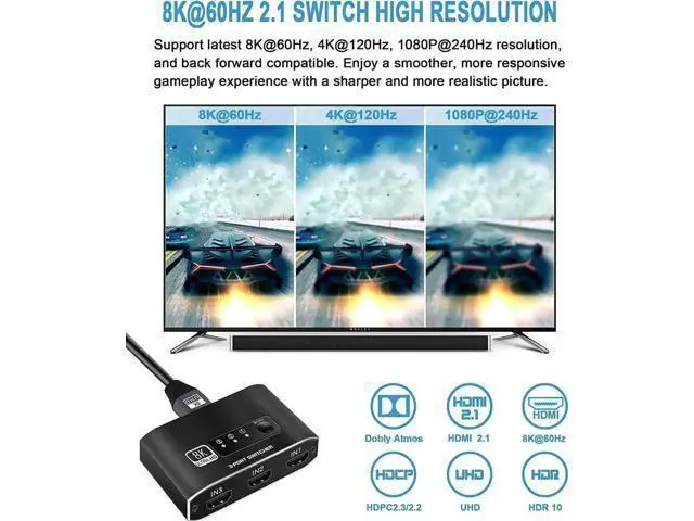 Alt view image 3 of 7 - 3 in 1 Out 8K HDMI Switcher with 3.9FT Built-In HDMI Cable, 3 Port HDMI Hub Splitter Supports 8K@60Hz, HDR10, 3D, HDCP2.3 for PS5/PS4/Xbox/Fire Stick/Roku/Apple TV/PC