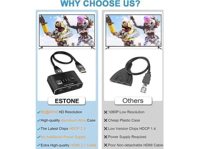 Alt view image 5 of 7 - 3 in 1 Out 8K HDMI Switcher with 3.9FT Built-In HDMI Cable, 3 Port HDMI Hub Splitter Supports 8K@60Hz, HDR10, 3D, HDCP2.3 for PS5/PS4/Xbox/Fire Stick/Roku/Apple TV/PC