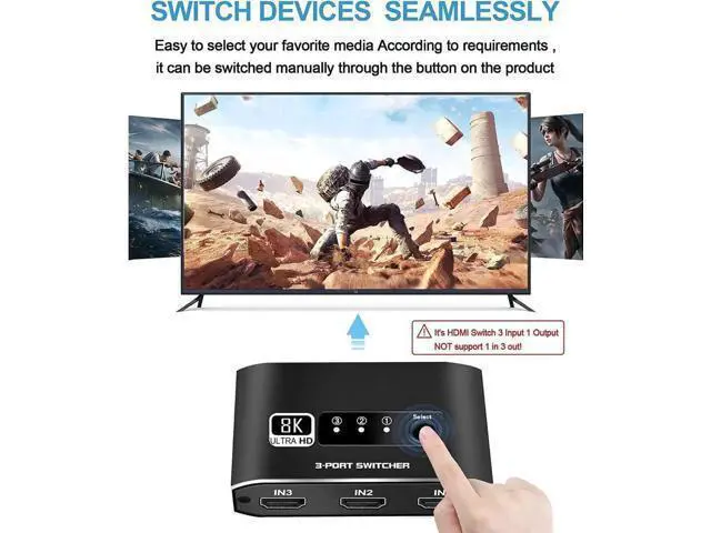 Alt view image 7 of 7 - 3 in 1 Out 8K HDMI Switcher with 3.9FT Built-In HDMI Cable, 3 Port HDMI Hub Splitter Supports 8K@60Hz, HDR10, 3D, HDCP2.3 for PS5/PS4/Xbox/Fire Stick/Roku/Apple TV/PC