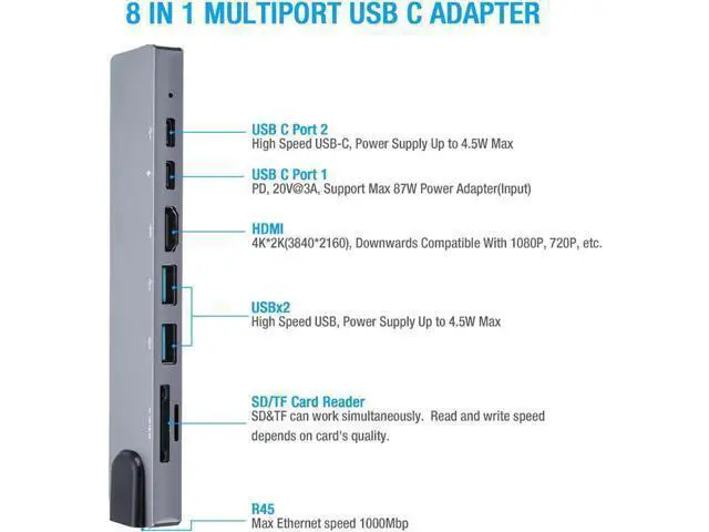 Alt view image 2 of 7 - Gray 8-in-1 Multiport USB C Hub Adapter, USB-C to HDMI, USB 3.0 Ports & SD/TF Card Reader Portable Docking Station for MacBook USB-C Laptops