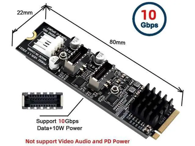 Alt view image 5 of 7 - 10Gbps M.2 M-Key PCIe to Dual USB 3.1 Gen2 Type-E Front Panel Header Adapter Card, Dual 20Pin Type-E Expansion Board for Desktop Motherboard Chassis USB-C Port Upgrade