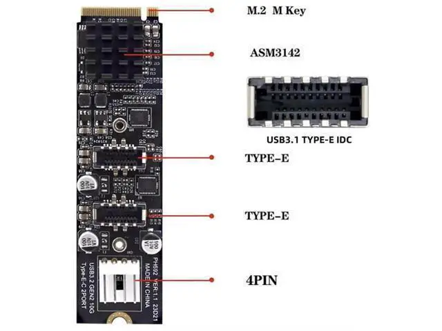 Alt view image 6 of 7 - 10Gbps M.2 M-Key PCIe to Dual USB 3.1 Gen2 Type-E Front Panel Header Adapter Card, Dual 20Pin Type-E Expansion Board for Desktop Motherboard Chassis USB-C Port Upgrade
