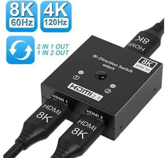 Main image of Bi-Directional HDMI 2.1 Switch 2 in 1 Out /1 in 2 Out Aluminum HDMI Selector Switcher, Supports 8K@60Hz & 4K@120Hz Ultra HD for PS, Xbox, Fire Stick, HDTV & Gaming