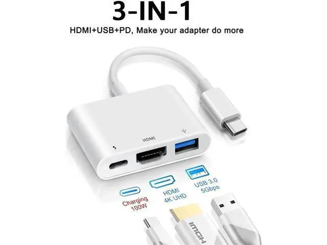 Alt view image 6 of 7 - 2-Pack 3-in-1 USB-C Multiport Adapter, USB-C to 4K@60Hz HDMI + USB3.0 + 100W PD Pass-Through OTG Dongle, Compatible with iPhone 15/16, iPad Air/Pro, MacBook, Dell XPS, Samsung Galaxy S23