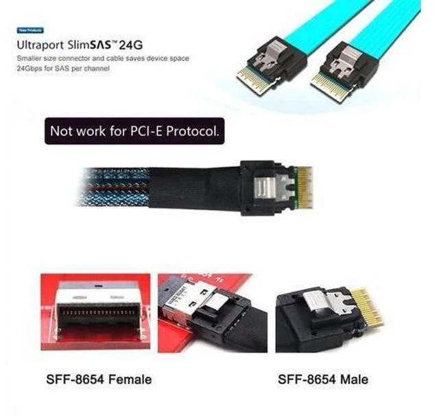 Alt view image 4 of 7 - 100cm Slimline SAS 4.0 Fanout Cable, SFF-8654 4i 38Pin Host to 4x SFF-8654 29Pin Target RAID Storage Cable