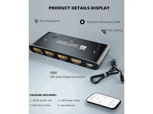 Alt view image 6 of 7 - Aluminum HDMI 2.1 Switch 3 in 1 Out, 48Gbps 8K@60Hz 4K@120Hz 1440P@165Hz 1080P@240Hz Switcher with IR Remote & eARC Audio Return, HDCP2.3 HDR Compatible with Xbox Series X, PS5, UHD TV Monitor