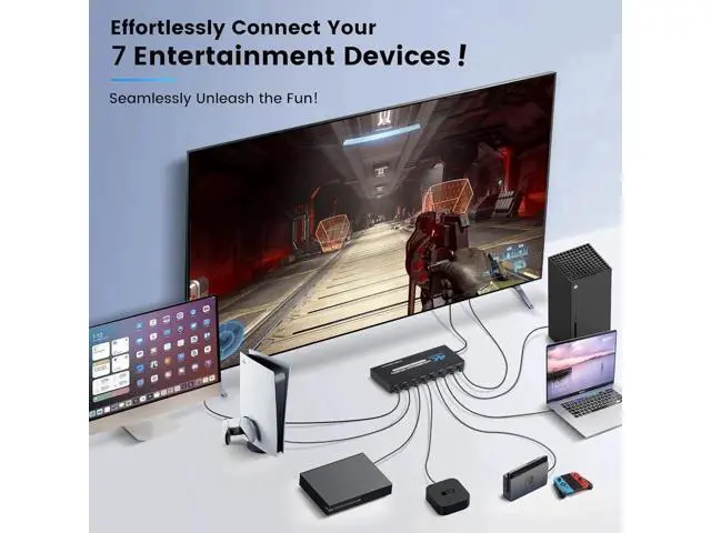 Alt view image 4 of 4 - 7 in 1 Out HDMI 2.0 Switch with IR Remote, 7-Port 4K@60Hz HDR10 HDMI Switcher Selector, Support HDCP 2.2, 3D, 1080P, Dolby & DTS Audio, Compatible with PS4, Xbox, Fire Stick, Blu-Ray Player, HDTV Proj