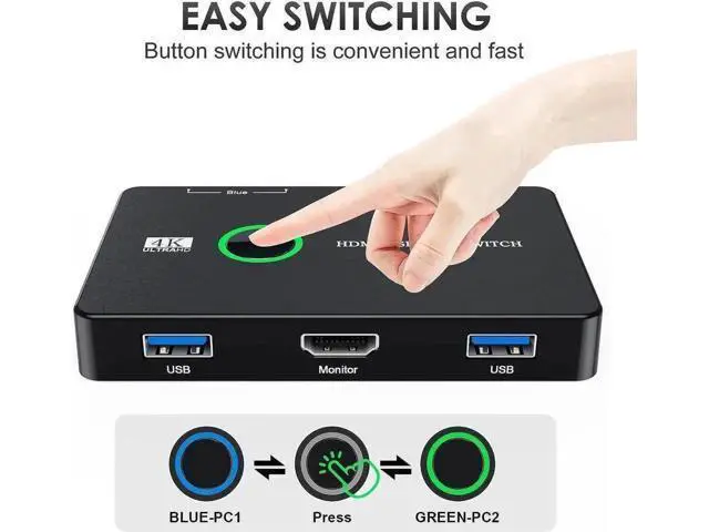 Alt view image 6 of 6 - Upgraded 2 Port HDMI USB 3.0 KVM Switch 4K@60Hz, 2 PCs Share 1 HD Monitor Keyboard Mouse Printer, Includes 2 HDMI Cables & 2 USB Cables