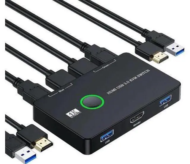 Main image of 2 Port HDMI USB 3.0 KVM Switch Box 4K@60Hz, 2 Computers Share 1 Monitor Keyboard Mouse Printer, Comes with 2 USB Cables & 2 HDMI Cables