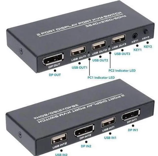 Main image of 2 Port DisplayPort KVM Switch 4K@60Hz, 2 Laptops/PCs Share One Monitor Keyboard Mouse, Includes 2 DP Cables & 2 USB Cables