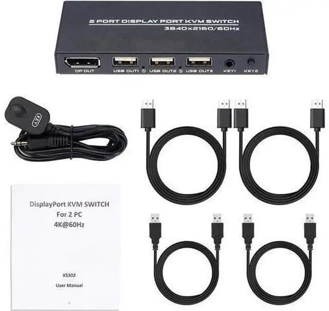 Alt view image 5 of 6 - 2 Port DisplayPort KVM Switch 4K@60Hz, 2 Laptops/PCs Share One Monitor Keyboard Mouse, Includes 2 DP Cables & 2 USB Cables