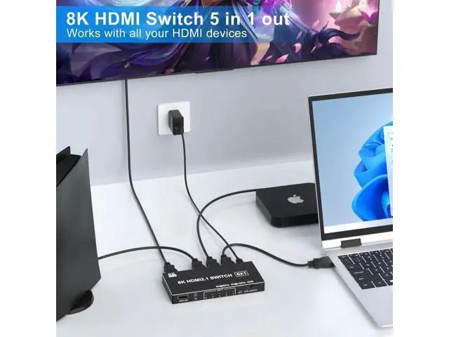 Alt view image 2 of 7 - 5 in 1 Out HDMI 2.1 Switch, 8K@60Hz 4K@120Hz 48Gbps HDMI Switcher Selector Box with IR Remote Control, Supports HDR HDCP2.3 Auto Switching, Compatible with PS5 PS4 PS3 Xbox Nintendo Switch Roku TV Fir