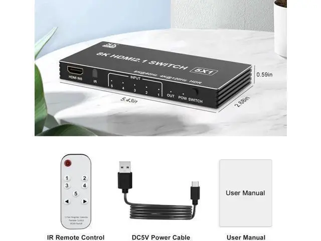 Alt view image 4 of 7 - 5 in 1 Out HDMI 2.1 Switch, 8K@60Hz 4K@120Hz 48Gbps HDMI Switcher Selector Box with IR Remote Control, Supports HDR HDCP2.3 Auto Switching, Compatible with PS5 PS4 PS3 Xbox Nintendo Switch Roku TV Fir