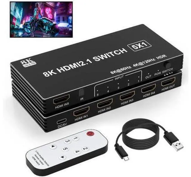 Main image of 5 in 1 Out HDMI 2.1 Switch, 8K@60Hz 4K@120Hz 48Gbps HDMI Switcher Selector Box with IR Remote Control, Supports HDR HDCP2.3 Auto Switching, Compatible with PS5 PS4 PS3 Xbox Nintendo Switch Roku TV Fir