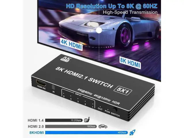 Alt view image 7 of 7 - 5 in 1 Out HDMI 2.1 Switch, 8K@60Hz 4K@120Hz 48Gbps HDMI Switcher Selector Box with IR Remote Control, Supports HDR HDCP2.3 Auto Switching, Compatible with PS5 PS4 PS3 Xbox Nintendo Switch Roku TV Fir