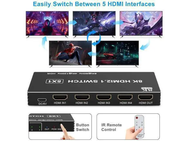 Alt view image 6 of 7 - 5 in 1 Out HDMI 2.1 Switch, 8K@60Hz 4K@120Hz 48Gbps HDMI Switcher Selector Box with IR Remote Control, Supports HDR HDCP2.3 Auto Switching, Compatible with PS5 PS4 PS3 Xbox Nintendo Switch Roku TV Fir