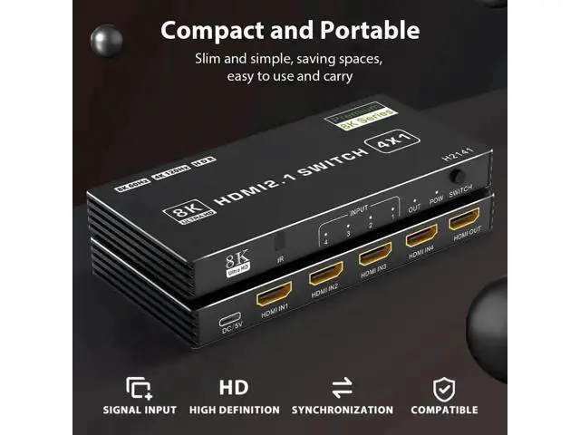Alt view image 5 of 7 - 8K HDMI 2.1 Switch 4 in 1 Out, 48Gbps High Speed HDMI Switch Box with IR Remote & Auto Switching, Supports HDR10 HDCP2.3, Compatible with PS5, PS4, PS3, Xbox, Nintendo Switch, HDTV & Monitor