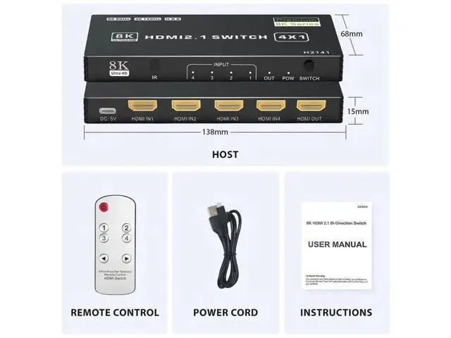 Alt view image 6 of 7 - 8K HDMI 2.1 Switch 4 in 1 Out, 48Gbps High Speed HDMI Switch Box with IR Remote & Auto Switching, Supports HDR10 HDCP2.3, Compatible with PS5, PS4, PS3, Xbox, Nintendo Switch, HDTV & Monitor