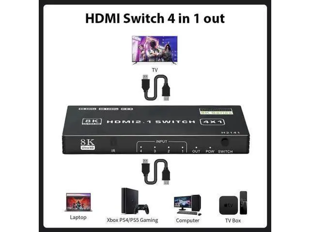 Alt view image 7 of 7 - 8K HDMI 2.1 Switch 4 in 1 Out, 48Gbps High Speed HDMI Switch Box with IR Remote & Auto Switching, Supports HDR10 HDCP2.3, Compatible with PS5, PS4, PS3, Xbox, Nintendo Switch, HDTV & Monitor