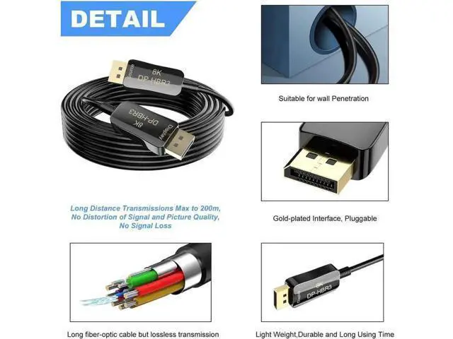 Alt view image 5 of 7 - 6.6FT Fiber 8K 4K DisplayPort Cable( In Wall ), DP 1.4 HBR3 8K@60Hz 4K@144Hz High Speed 32.4Gbps Optical Fiber Slim and Flexible DP to DP Cable