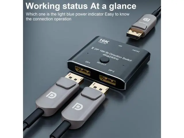 Alt view image 2 of 7 - Bi-Directional DisplayPort 2.0 2 in 1 Out Switch Splitter Hub, Support 16K@60Hz 4K@240Hz HDCP SST Extended Mode DP Video Converter