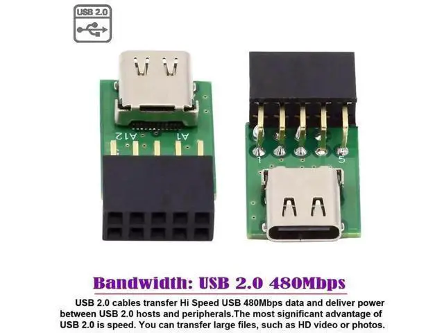Alt view image 2 of 7 - Single Port USB-C Female to Motherboard 9Pin/10Pin USB2.0 Header Adapter PCBA, USB3.1 Type-C Female to Internal 9PIN Splitter Support 480Mbps for PC Front Panel