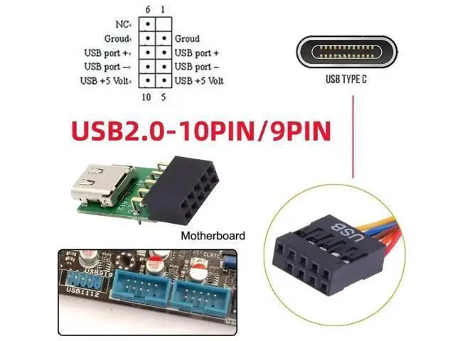 Alt view image 6 of 7 - Single Port USB-C Female to Motherboard 9Pin/10Pin USB2.0 Header Adapter PCBA, USB3.1 Type-C Female to Internal 9PIN Splitter Support 480Mbps for PC Front Panel