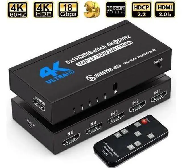 Main image of 5 in 1 Out 4K@60Hz HDMI Switch with IR Remote Control, 5-Port HDMI Selector Hub Model OZQ3-4, Supports 3D & HDCP2.2, Compatible with PS4, Xbox One, Fire TV, Apple TV, Sky Box, STB, DVD Player, Roku