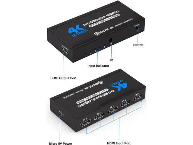 Alt view image 2 of 7 - 5 in 1 Out 4K@60Hz HDMI Switch with IR Remote Control, 5-Port HDMI Selector Hub Model OZQ3-4, Supports 3D & HDCP2.2, Compatible with PS4, Xbox One, Fire TV, Apple TV, Sky Box, STB, DVD Player, Roku