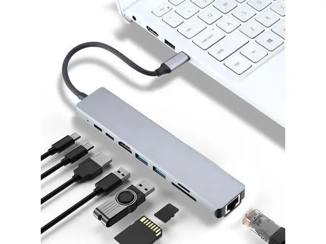 Alt view image 4 of 7 - Gray 8-in-1 Multiport USB C Hub Adapter, USB-C to HDMI, USB 3.0 Ports & SD/TF Card Reader Portable Docking Station for MacBook USB-C Laptops