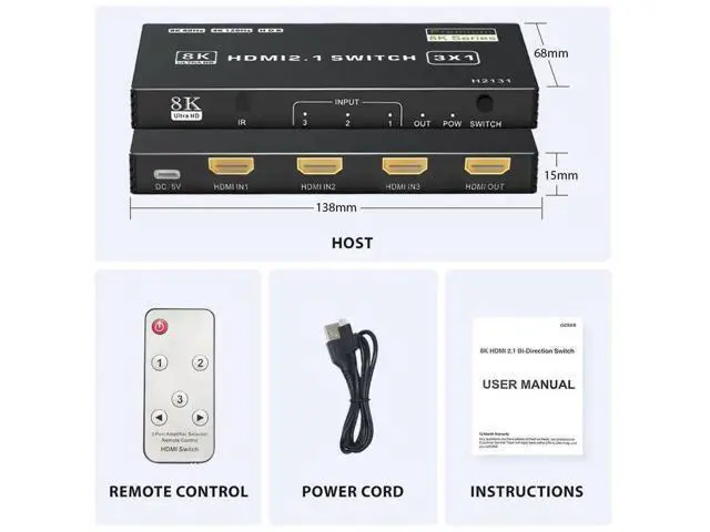 Alt view image 4 of 7 - HDMI 2.1 Switch 3 in 1 Out, 8K@60Hz 4K@120Hz 48Gbps HDMI Switch Box, Supports HDCP2.3 HDR10 CEC Auto Switching, Compatible with PS5, Xbox Series X/S, Nintendo Switch, PC, DVD Player, HDTV Monitor