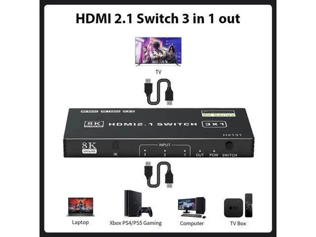 Alt view image 6 of 7 - HDMI 2.1 Switch 3 in 1 Out, 8K@60Hz 4K@120Hz 48Gbps HDMI Switch Box, Supports HDCP2.3 HDR10 CEC Auto Switching, Compatible with PS5, Xbox Series X/S, Nintendo Switch, PC, DVD Player, HDTV Monitor