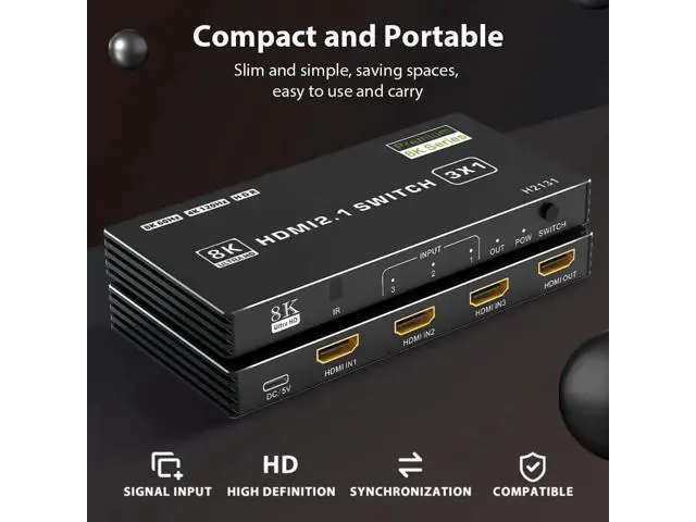 Alt view image 7 of 7 - HDMI 2.1 Switch 3 in 1 Out, 8K@60Hz 4K@120Hz 48Gbps HDMI Switch Box, Supports HDCP2.3 HDR10 CEC Auto Switching, Compatible with PS5, Xbox Series X/S, Nintendo Switch, PC, DVD Player, HDTV Monitor