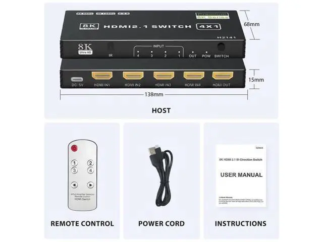 Alt view image 6 of 7 - 4 in 1 Out 8K HDMI 2.1 Switch with IR Remote, 48Gbps Auto HDMI Switcher Support 8K@60Hz HDR10 HDCP2.3, for PS5/PS4/PS3, Xbox, Nintendo Switch, HDTV Monitor