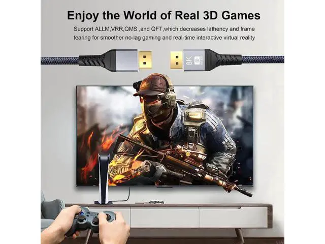 Alt view image 3 of 7 - 8K DisplayPort 1.4 Cable 16.4Feet, DP Cord (8K@60Hz 4K@144Hz 1080P@240Hz 2K 32.4Gbps) HBR3 HDCP HDR,FreeSync G-Sync,Braided Display Port for Laptop, PC, Projector, TV, Gaming Monitor