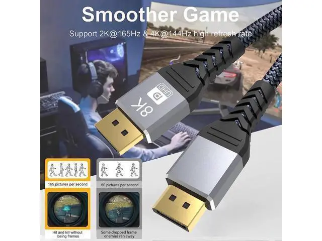 Alt view image 5 of 7 - 8K DisplayPort 1.4 Cable 16.4Feet, DP Cord (8K@60Hz 4K@144Hz 1080P@240Hz 2K 32.4Gbps) HBR3 HDCP HDR,FreeSync G-Sync,Braided Display Port for Laptop, PC, Projector, TV, Gaming Monitor