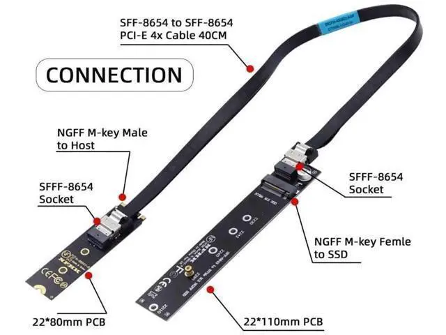 Alt view image 4 of 7 - 40cm M.2 NVMe NGFF M-Key Male to Female Extension Cable with SFF-8654 Connector, Compatible with Motherboard 2280 22110 NVMe SSD