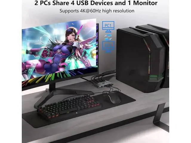 Alt view image 3 of 7 - 2 Port HDMI KVM Switch 4K@60Hz, 2 PCs Share 1 Monitor with 4 USB 3.0 Ports, Comes with 2 HDMI, 2 USB-A & 1 USB-C Cables