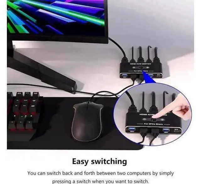 Alt view image 2 of 7 - 2 Port HDMI KVM Switch 4K@60Hz, 2 PCs Share 1 Monitor with 4 USB 3.0 Ports, Comes with 2 HDMI, 2 USB-A & 1 USB-C Cables