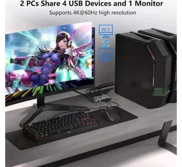 Alt view image 3 of 7 - 2 Port HDMI KVM Switch 4K@60Hz, 2 PCs Share 1 Monitor with 4 USB 3.0 Ports, Comes with 2 HDMI, 2 USB-A & 1 USB-C Cables