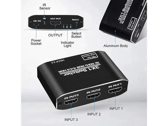 Alt view image 2 of 6 - 3 in 1 Out 4K@60Hz HDMI Switch with IR Remote Control, 3 Port HDMI Selector Adapter Model OZQ3-1, Compatible with Xbox, PS4, PS5 Pro, PC, Projector & Laptop