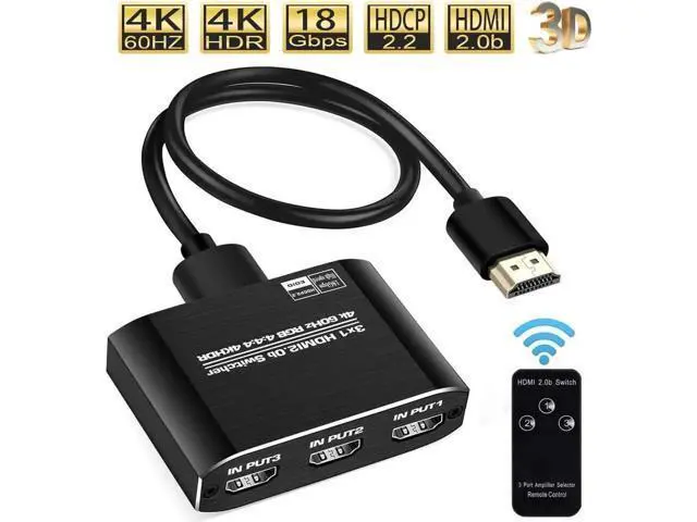 Alt view image 3 of 6 - 3 in 1 Out 4K@60Hz HDMI Switch with IR Remote Control, 3 Port HDMI Selector Adapter Model OZQ3-1, Compatible with Xbox, PS4, PS5 Pro, PC, Projector & Laptop