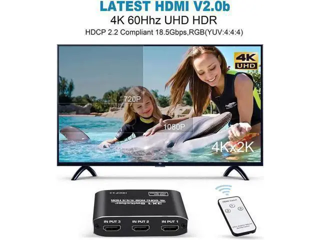 Alt view image 4 of 6 - 3 in 1 Out 4K@60Hz HDMI Switch with IR Remote Control, 3 Port HDMI Selector Adapter Model OZQ3-1, Compatible with Xbox, PS4, PS5 Pro, PC, Projector & Laptop