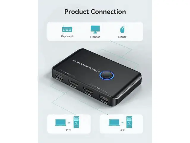 Alt view image 7 of 7 - Giimake 2 Port HDMI KVM Switch 4K@60Hz, 2 Computers Share Single Monitor Keyboard Mouse, Comes with 2 HDMI & 2 USB Cables
