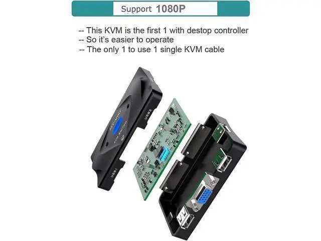 Alt view image 7 of 7 - 2 Port VGA KVM Switch with 3 USB Hub, 2-in-1 Cables & Desktop Selector, Share Monitor Keyboard Mouse for 2 PCs