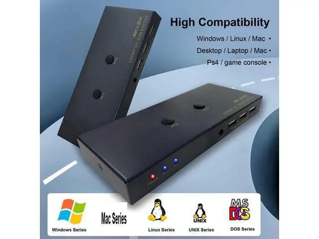 Alt view image 2 of 7 - 2 Port DP 1.2 DisplayPort KVM Switch 4K@60Hz, 2 Computers Share 1 Monitor Keyboard Mouse with USB 2.0 Ports & USB Cables Included