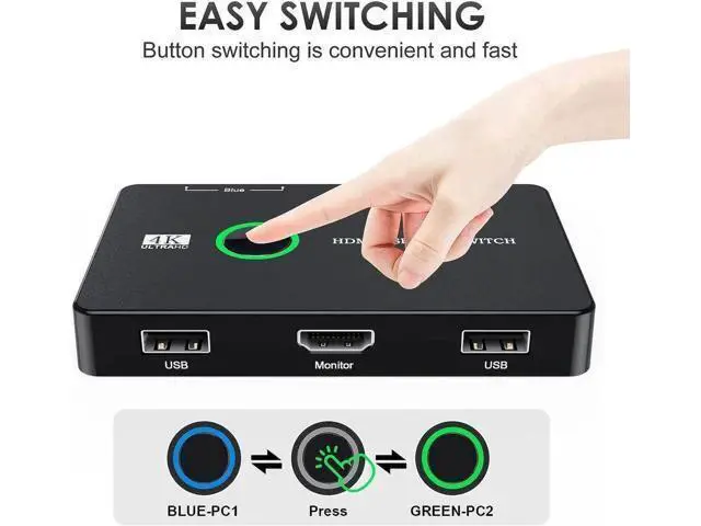 Alt view image 3 of 5 - 2 Port HDMI KVM Switch 4K@60Hz, 2 PCs Share 1 Monitor Keyboard Mouse Printer, Includes 2 HDMI & 2 USB Cables