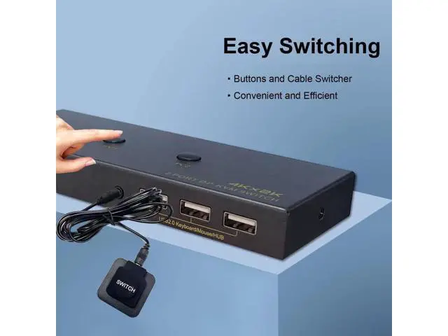 Alt view image 7 of 7 - 2 Port DP 1.2 DisplayPort KVM Switch 4K@60Hz, 2 Computers Share 1 Monitor Keyboard Mouse with USB 2.0 Ports & USB Cables Included